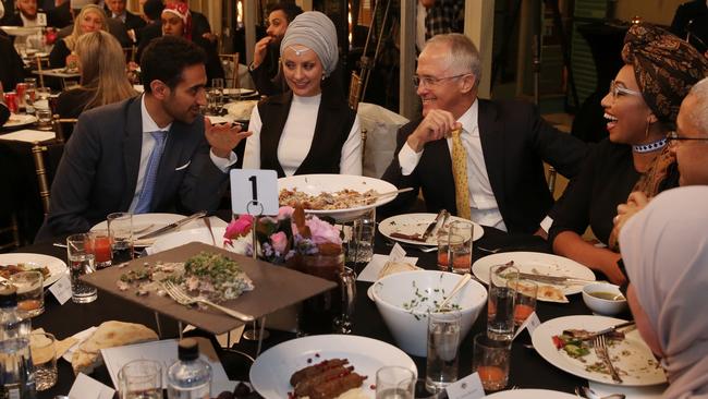 Waleed Aly and his wife Susan Carland, Malcolm Turnbull and Yassmin Abdel-Magied at an Iftar dinner celebrating Ramadan at Kirribilli House last year. Photo: Andrew Meares