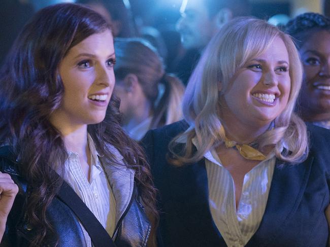 This image released by Universal Pictures shows, from left, Chrissie Fit, Anna Camp, Alexis Knapp, Brittany Snow, Anna Kendrick, Rebel Wilson and Ester Dean in a scene from "Pitch Perfect 3." (Quantrell D. Colbert/Universal Pictures via AP)