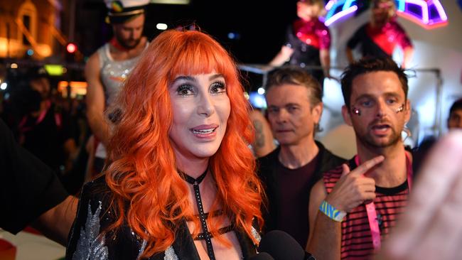 Singer Cher during the 40th annual Gay and Lesbian Mardi Gras parade in Sydney, Saturday, March 3, 2018. (AAP Image/Joel Carrett) NO ARCHIVING