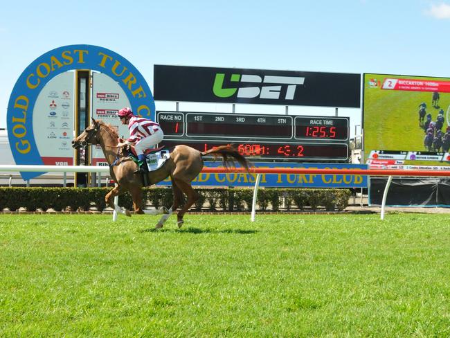 Jockey Ben Jewitt rode the Anthony Mountney-trained Reid River R-Mani to victory in the first race of the the Wathba Stud Farm Cup event on the Gold Coast. The Cup is part of H. H. Sheikh Mansoor Bin Zayed Al Nahyan Festival. Picture: Jessica Hawkins, Trackside Photography.