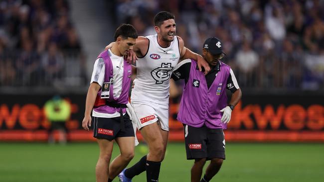 Marc Pittonet was subbed out of the game with a knee injury. Picture: Paul Kane/Getty Images