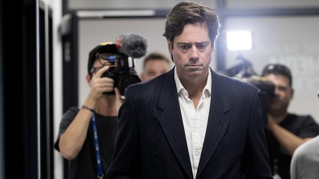 Gillon McLachlan prepares to announce the suspension of the AFL season last month Picture: Michael Klein