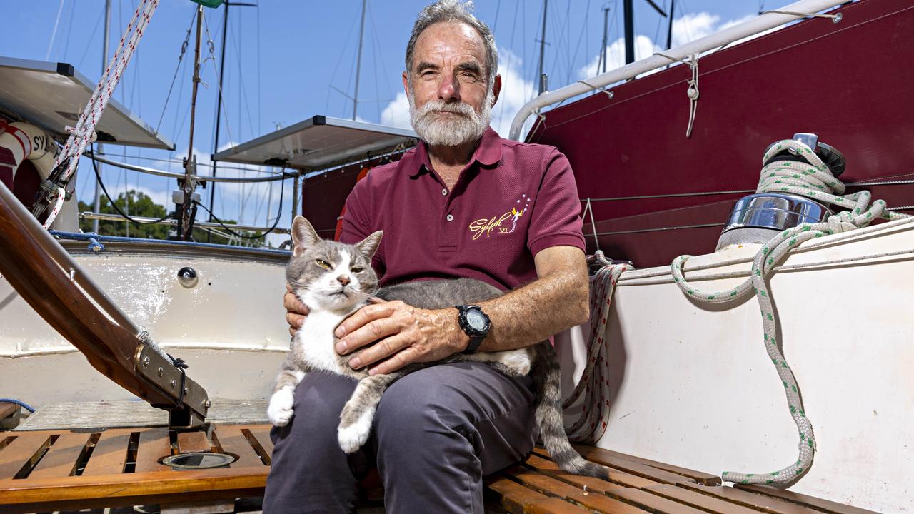 SYDNEY, AUSTRALIA, NOVEMBER 22, 2023. Sylph VI skipper and owner Robert Williams with his cat Oli who will sail with Bob in the Sydney to Hobart yacht race on board Sylph VI. Photographer: Adam Yip