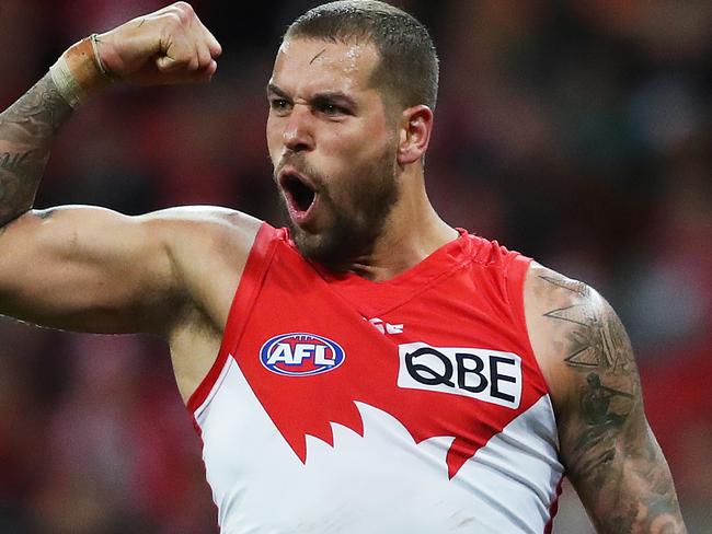 Sydney's Lance Franklin celebrates kicking a goal during AFL match Sydney Swans v GWS Giants at Spotless Stadium. Picture. Phil Hillyard