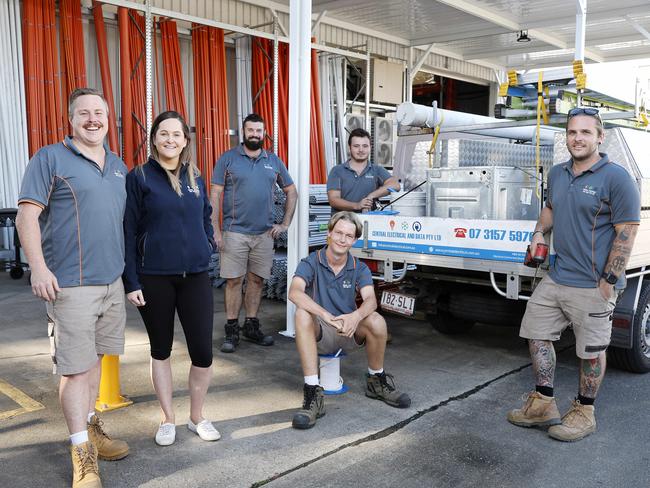 Jacob McMahon, Cade Harbottle, Brandon Evans, Luke Skrzypa, Josh and Samantha Townsend from Central Electrical and Data, Brisbane 24th April 2024. Best of Brisbane.  (Image/Josh Woning)