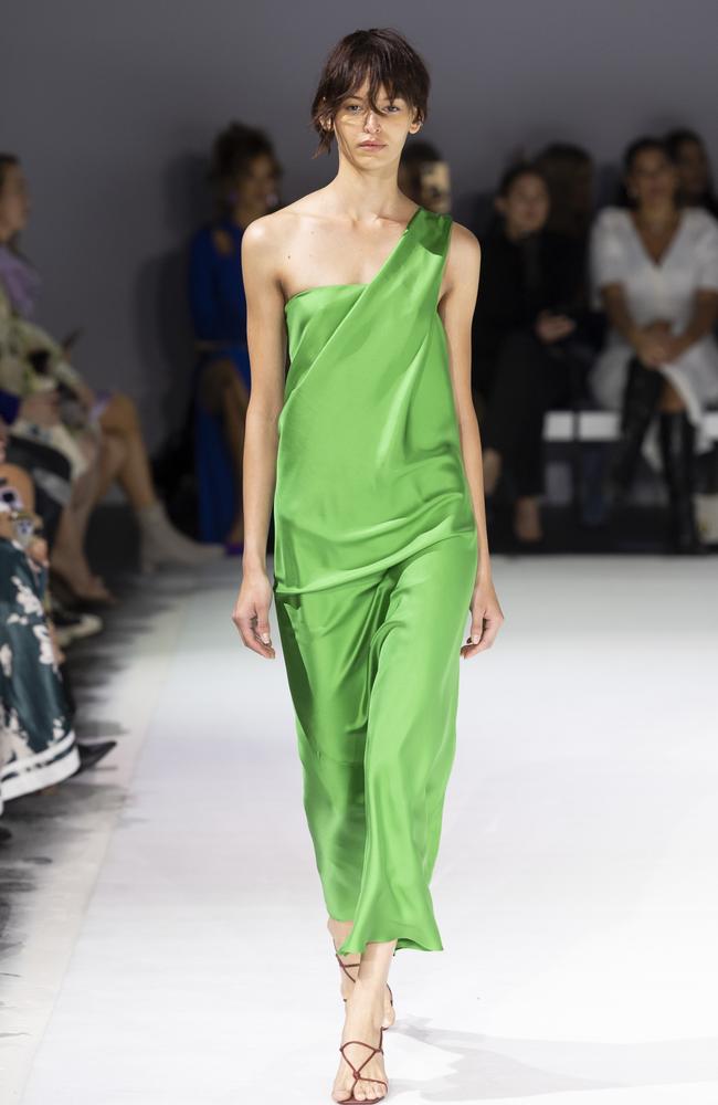 A model flaunting a green number during the Bianca Spender show during Afterpay Australian Fashion Week 2023 at Carriageworks on May 16, 2023 in Sydney, Australia. (Photo by Matt Jelonek/WireImage)