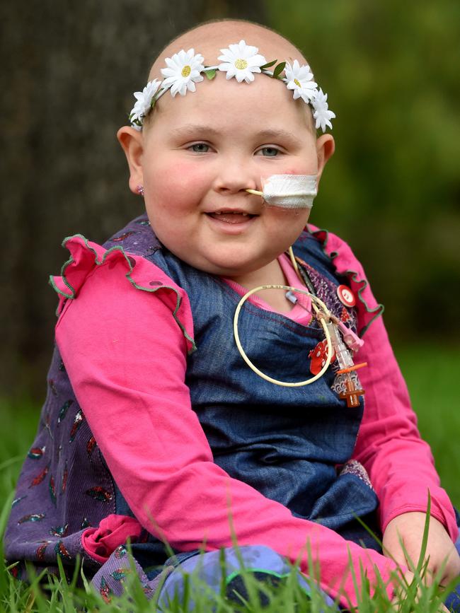 Ivy, 8, is undergoing treatment in the US for her third battle with leukemia. Picture: Kylie Else