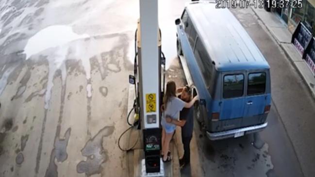 CCTV of Lucas Fowler and partner Chynna Dees at a petrol station in Fort Nelson on July 13.