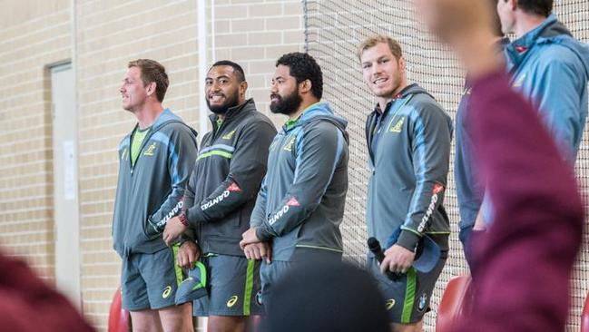 Wallabies (l-r) Dane Haylett-Petty, Sekope Kepu, Tatafu Polota-Nau and David Pocock along with coaches Stephen Larkham and Nathan Grey, visit the Frank Baxter juvenile justice centre at Kariong.