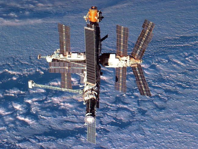 A 1996 photo shows the Russian Mir space station orbiting the earth.