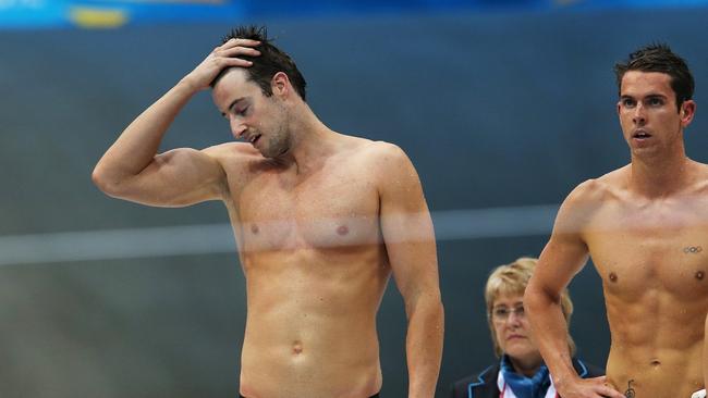 A dejected James Magnussen and Eamon Sullivan after the 4 x 100m freestyle relay team finished a disappointing 4th at the London Olympics. (Pic: Phil Hillyard)