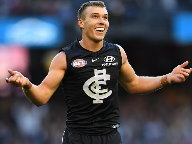 Patrick Cripps of the Blues reacts after kicking a goal during the Round 12 AFL match between the Carlton Blues and the Brisbane Lions at Marvel Satdium in Melbourne, Saturday, June 8, 2019. (AAP Image/Julian Smith) NO ARCHIVING, EDITORIAL USE ONLY