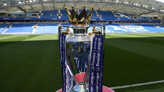 The English Premier League trophy at Brighton’s American Express Stadium. Brighton have voiced their dissent to playing matches at neutral venues when the season restarts. Picture: AFP