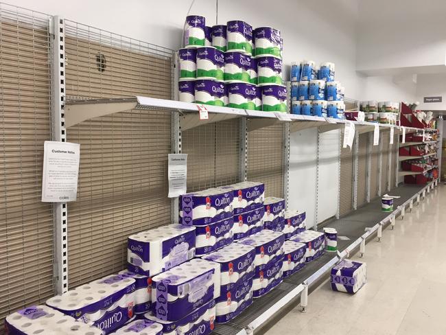 There was limited stock of toilet paper at Coles in Edgecliff, Sydney, on March 18. Picture: Shoba Rao