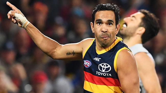 ADELAIDE, AUSTRALIA - MAY 05:  Eddie Betts of the Adelaide Crows celebrates a goal during the round seven AFL match between the Adelaide Crows and the Carlton Blues at Adelaide Oval on May 5, 2018 in Adelaide, Australia.  (Photo by Mark Brake/Getty Images)