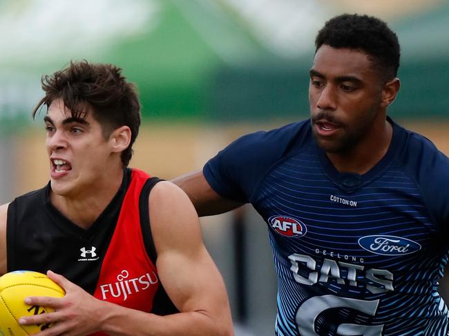 COLAC, AUSTRALIA - MARCH 09: Brandon Zerk-Thatcher of the Bombers and Esava Ratugolea of the Cats in action during the 2020 Marsh Community Series match between the Geelong Cats and the Essendon Bombers at Central Reserve on March 09, 2020 in Colac, Australia. (Photo by Michael Willson/AFL Photos via Getty Images)