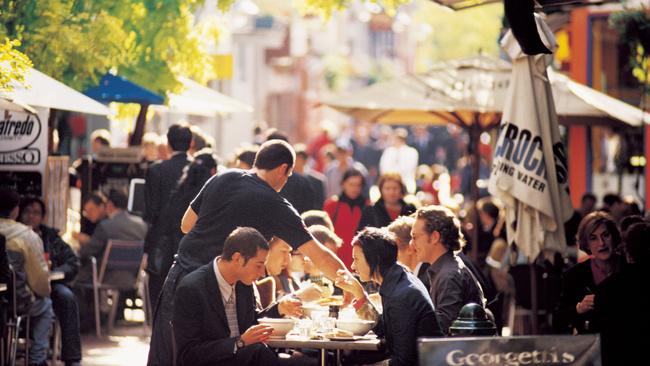 Patrons wining and dining outdoors in Hardware Lane. Picture: Tourism Victoria/David Hannah