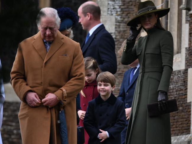 King Charles III, Prince Louis of Wales and Catherine, Princess of Wales leave at the end of the Royal Family's traditional Christmas Day service at St Mary Magdalene Church. Picture: AFP