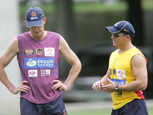 Wayne Bennett and Kevin Walters in 2005 during Walters’ stint as assistant. Picture: Peter Wallis