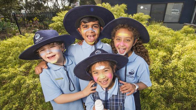 Templestowe Heights Primary School students Freddy, Vraaj, Catherine and Layan, pictured together last year, will be back in class shortly. Picture: Rob Leeson.