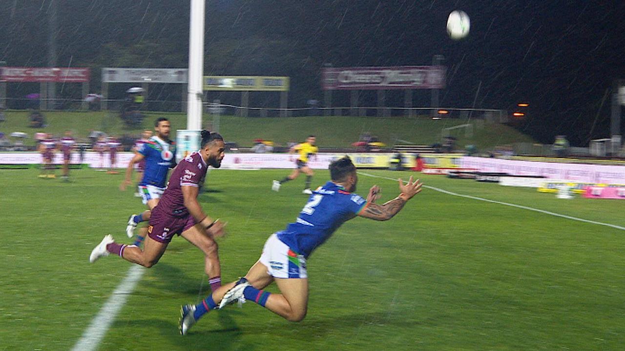 Patrick Herbert dives for a Kodi Nikorima kick to score.