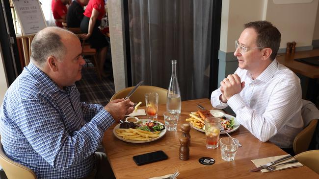 Michael Madigan sits down with Queensland Jewish Board of Deputies president Jason Steinberg at the Hamilton Hotel. Picture: Liam Kidston