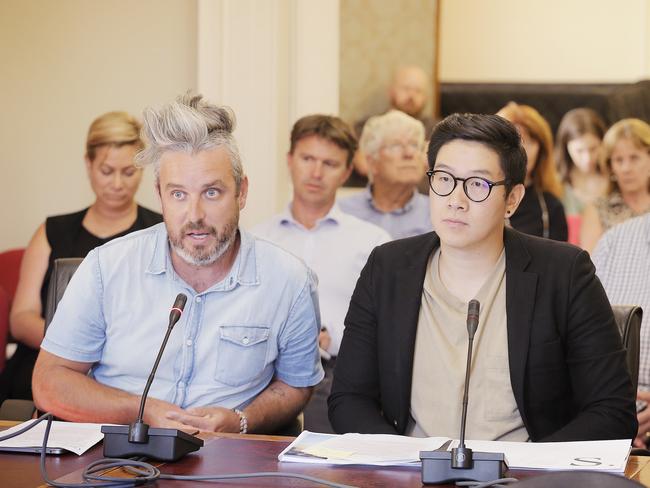 Project architects Samuel Haberle, left, and Jits Shen Gan at the planning committee meeting. Picture: MATHEW FARRELL