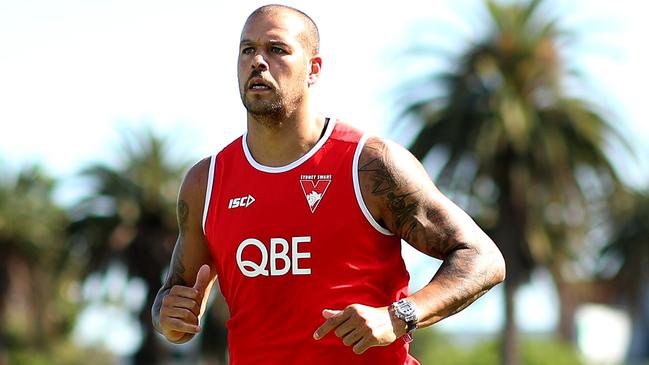 Lance Franklin returns early to training to do some post injury running at the Sydney Swans first pre season training session for 2-6 year players. Picture. Phil Hillyard