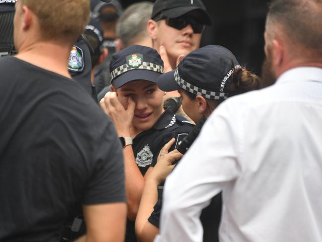 Memorial police service for Constable Matthew Arnold and Constable Rachel McCrow at Townsville Police Station. Constable Bree Lochyear, who went through police academy with Rachel wipes away tears. Picture: Evan Morgan