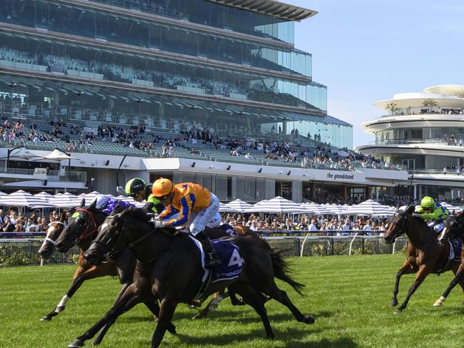 MELBOURNE, AUSTRALIA - FEBRUARY 17: Opie Bosson riding Imperatriz defeats Blake Shinn riding Private Eye and Espiona in Race 8, the Black Caviar Lightning, during Melbourne Racing at Flemington Racecourse on February 17, 2024 in Melbourne, Australia. (Photo by Vince Caligiuri/Getty Images)