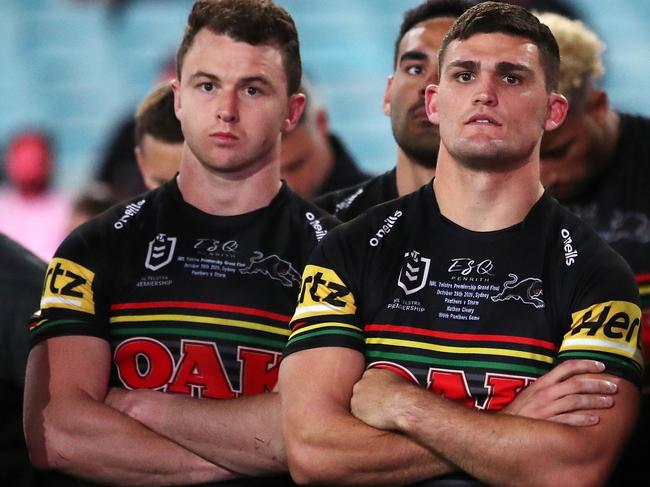 SYDNEY, AUSTRALIA - OCTOBER 25: Dylan Edwards of the Panthers and Nathan Cleary of the Panthers look dejected after losing the 2020 NRL Grand Final match between the Penrith Panthers and the Melbourne Storm at ANZ Stadium on October 25, 2020 in Sydney, Australia. (Photo by Cameron Spencer/Getty Images)