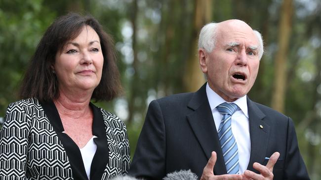 John Howard with LNP candidate Tarnya Smith at Lorikeet Park. Picture: Annette Dew