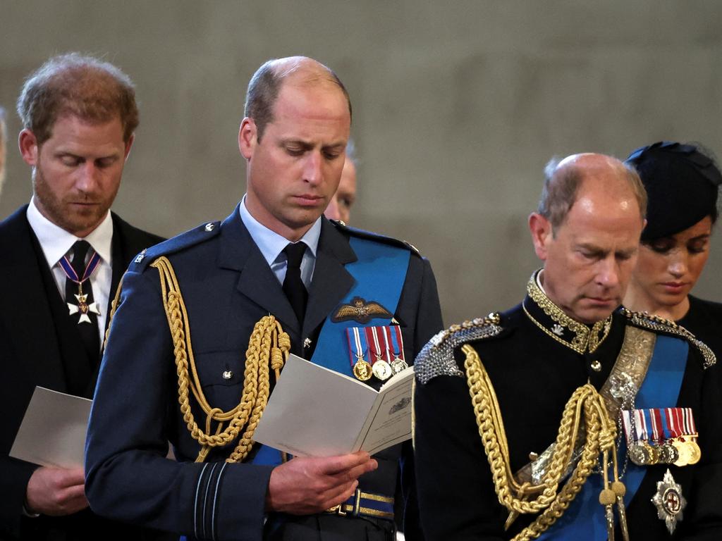 William, Prince of Wales, Prince Edward, Prince Harry and Meghan, Duchess of Sussex, during a service at Westminster Hall. Picture: Getty Images.