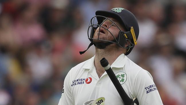 Ireland's Paul Stirling leaves the pitch after he is bowled by England's Chris Woakes. Picture: AP Photo/Kirsty Wigglesworth