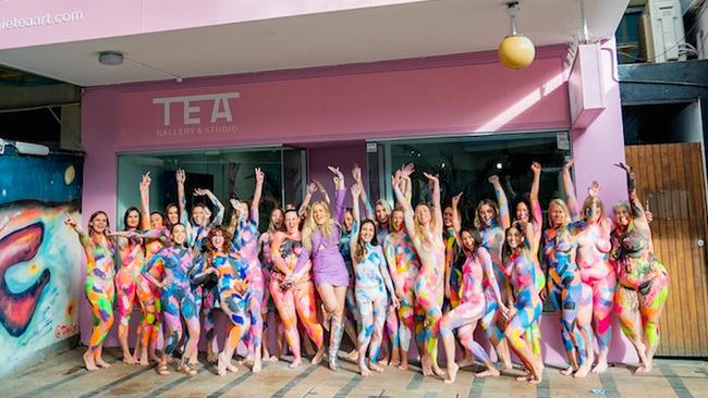 Painted women outside Sophie Tea's new gallery in Manly. Picture: James Mills.