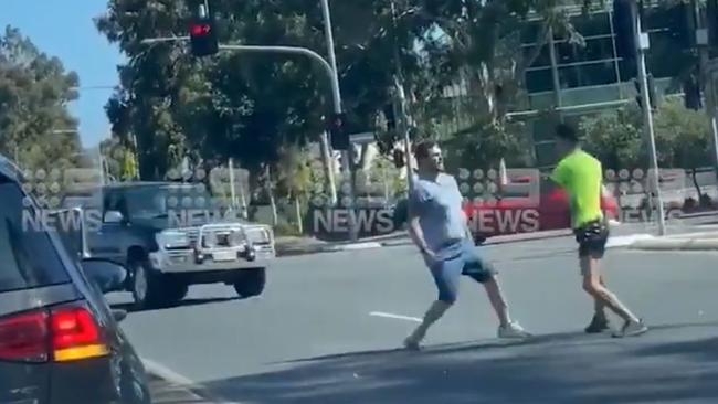 Two men come to blows in a fight in the middle of Fullarton Rd after a road-rage incident turns ugly. Picture: Nine News Adelaide