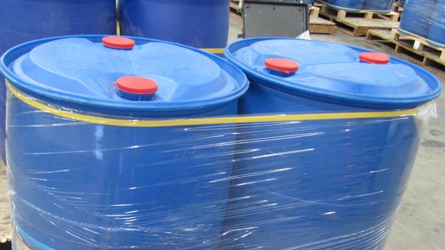 The court heard three plastic drums were delivered, which held 75L of the liquid narcotic. Picture: ABF