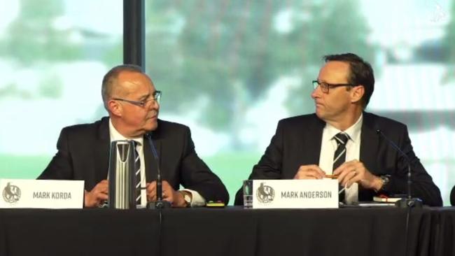 Mark Korda and Mark Anderson at the Collingwood AGM. Picture: Supplied