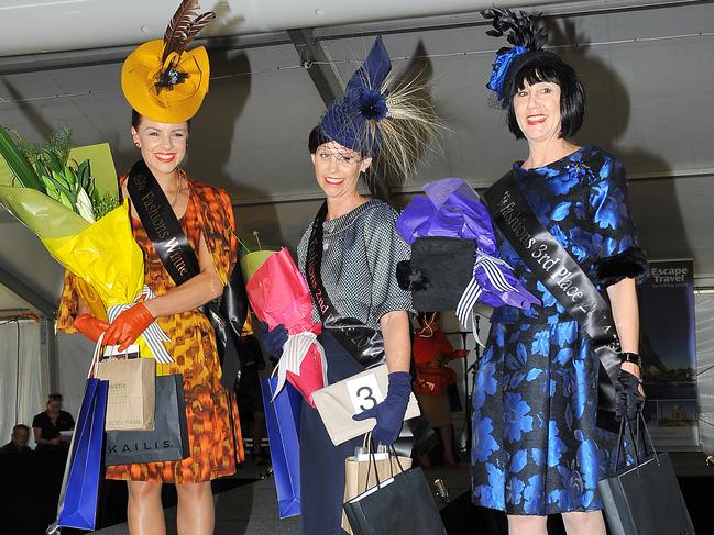 Ladies Day at Cluden Park. Fashions on the field winner Brittney McGlone, runner up Michelle Davidson and in 3rd place Anna Harvey. Picture: Shae Beplate