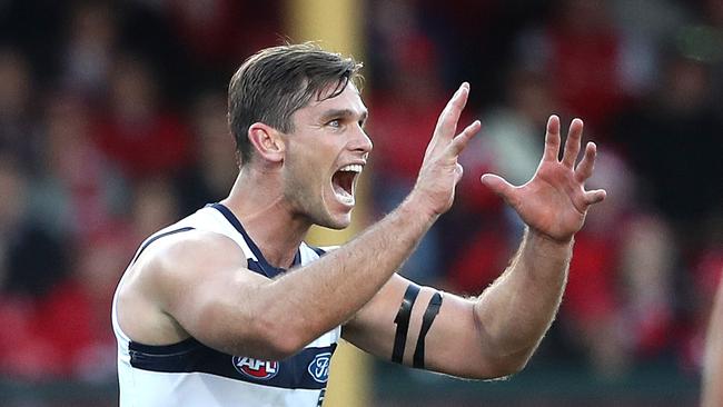 Tom Hawkins kicked five goals in his 250th game to inspire Geelong to victory. Picture: Phil Hillyard