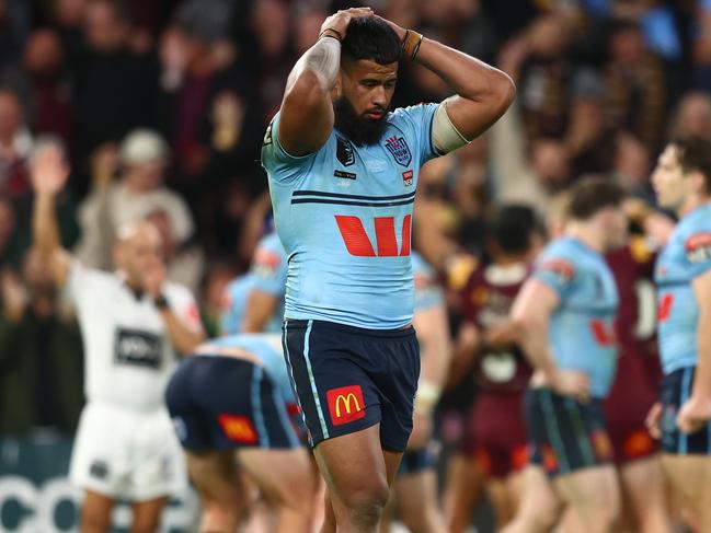 BRISBANE, AUSTRALIA – JUNE 21: Payne Haas of the Blues reacts after losing game two of the State of Origin series between the Queensland Maroons and the New South Wales Blues at Suncorp Stadium on June 21, 2023 in Brisbane, Australia. (Photo by Chris Hyde/Getty Images)