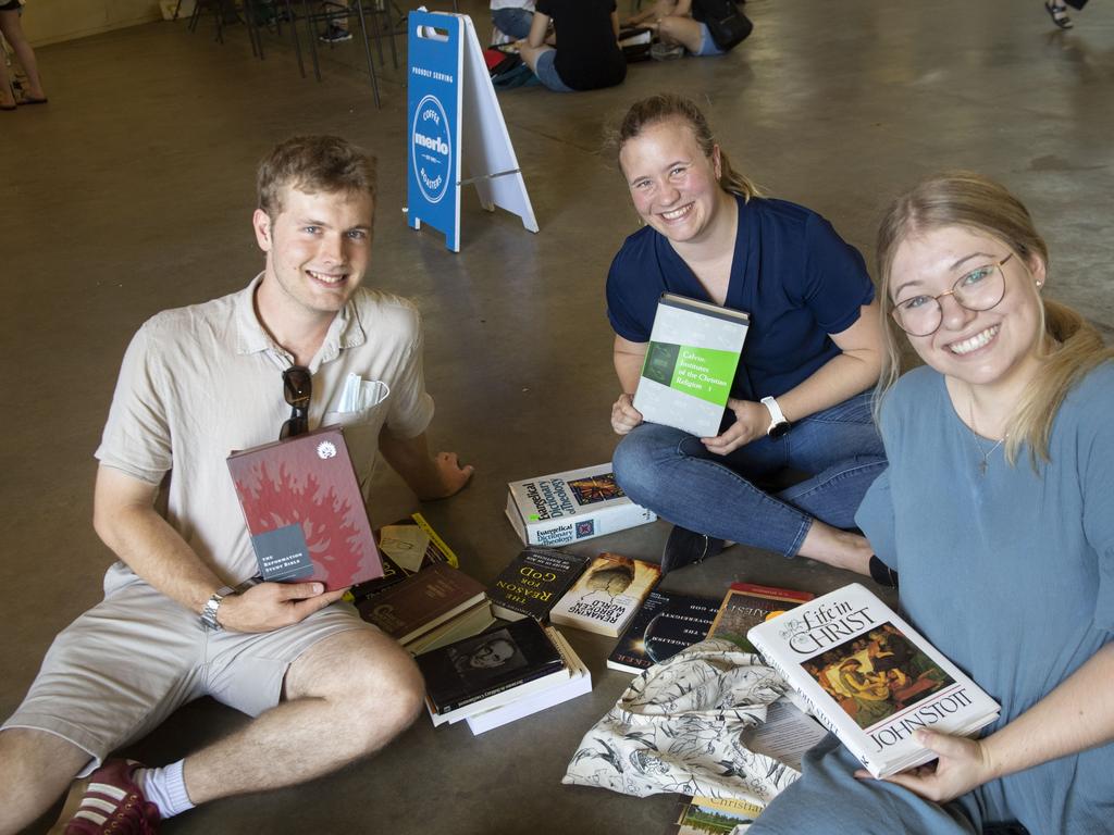 (from left) Tim Amos, Mari Van Der Merwe and Lisa Moolman at the Chronicle Lifeline Bookfest 2022. Saturday, March 5, 2022. Picture: Nev Madsen.