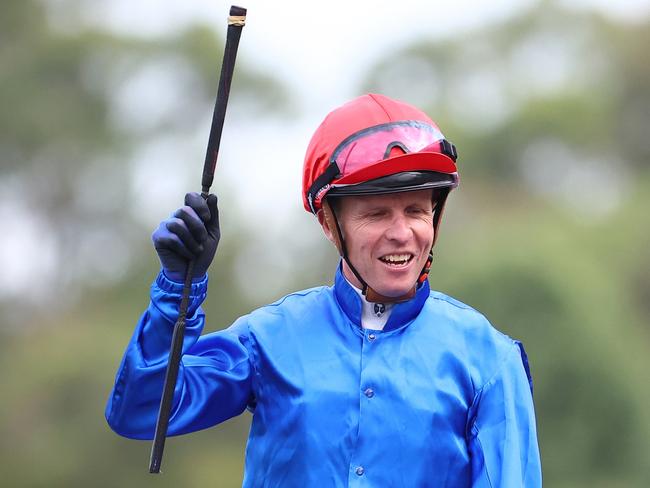 SYDNEY, AUSTRALIA - MARCH 23: Kerrin Mcevoy riding Zapateo wins Race 9 KIA Ora Galaxy  during the Golden Slipper Day - Sydney Racing at Rosehill Gardens on March 23, 2024 in Sydney, Australia. (Photo by Jeremy Ng/Getty Images)