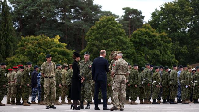 Prince William and Catherine, Princess of Wales meet Australian military personnel during a visit to Army Training Centre Pirbright. Picture: Getty Images.