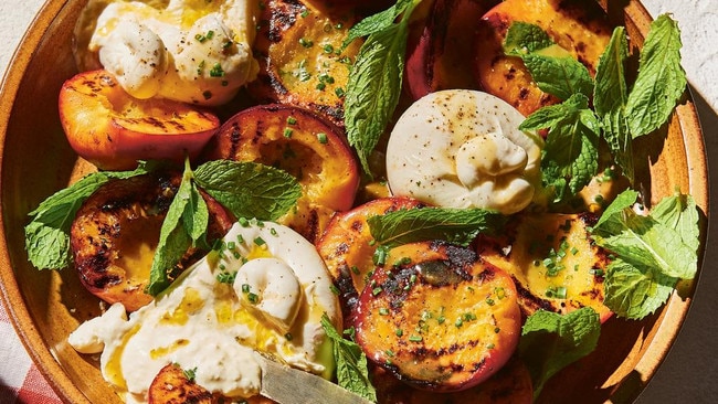 Grilled peach salad with burrata and green peppercorns from Salad for Days by Alice Zaslavsky. Picture: Rochelle Eagle.