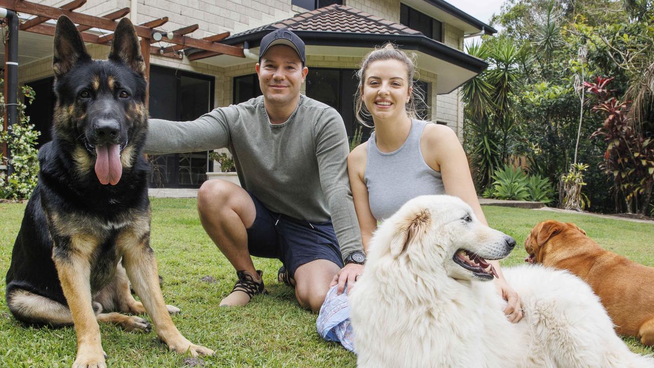 Matt and Monique Kessler with their dogs Vader, Napoleon, and Mally at their property at Buderim named as one of Australia’s best dog friendly holiday homes on Stayz. Picture: Lachie Millard.