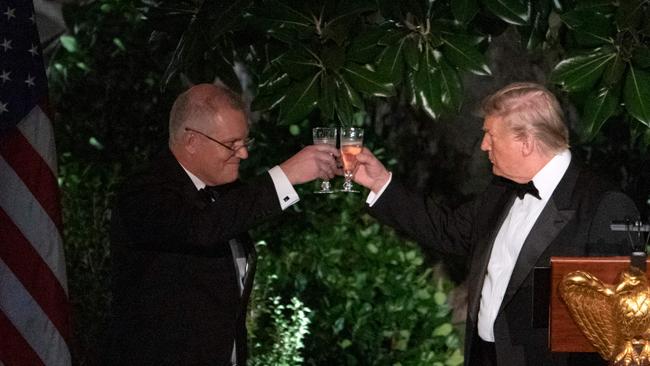 Donald Trump served Scott Morrison a good Californian demi-sec at the State Dinner in the White House last year. Picture: AFP.