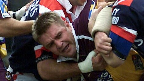 AUGUST 27, 2000 : Shane Webcke (ball) during Brisbane v Sydney Roosters NRL Grand Final at Stadium Australia, Homebush, 27/08/00. Pic Roy Haverkamp.Rugby League A/CT