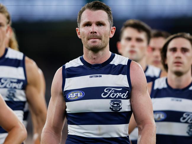 MELBOURNE, AUSTRALIA - MARCH 23: Patrick Dangerfield of the Cats looks dejected after a loss during the 2023 AFL Round 02 match between the Carlton Blues and the Geelong Cats at the Melbourne Cricket Ground on March 23, 2023 in Melbourne, Australia. (Photo by Dylan Burns/AFL Photos via Getty Images)