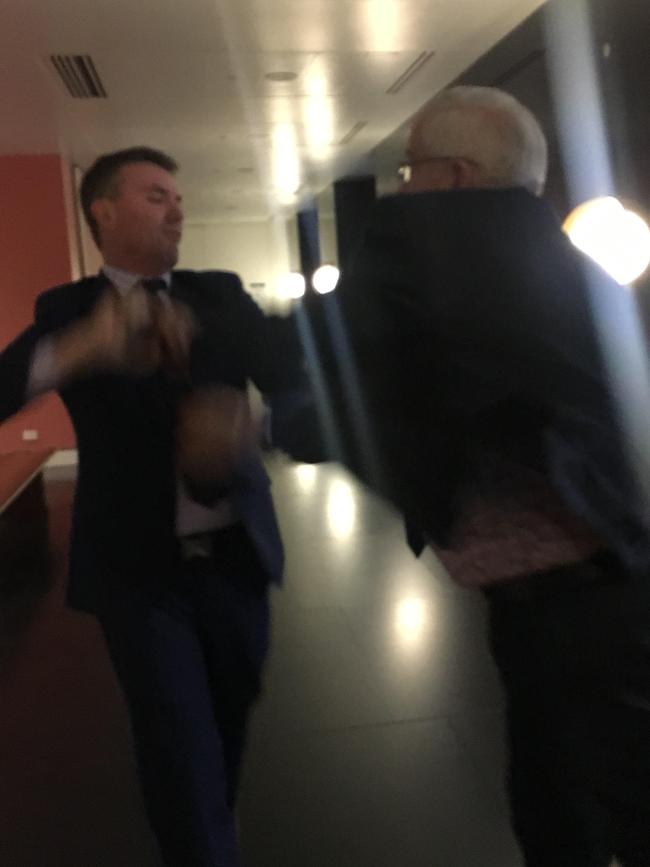 The altercation between Brian Burston and James Ashby. Picture: Geoff Chambers